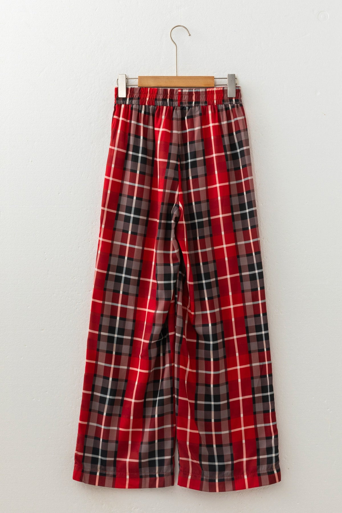 Plaid Buttoned Elastic Waist Wide Leg Pants