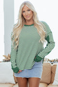 Dearlovers Green Stripe Thermal Knit Drop Shoulder Casual Top