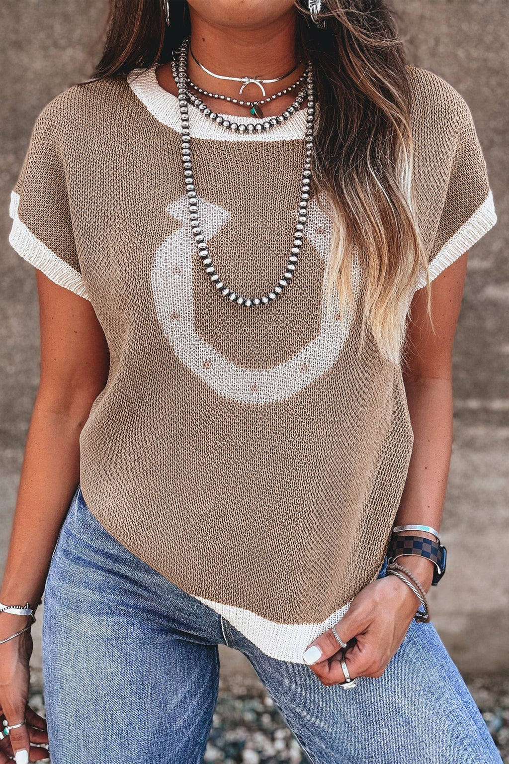 Western Horseshoe Contrast Trim Short Sleeve Sweater