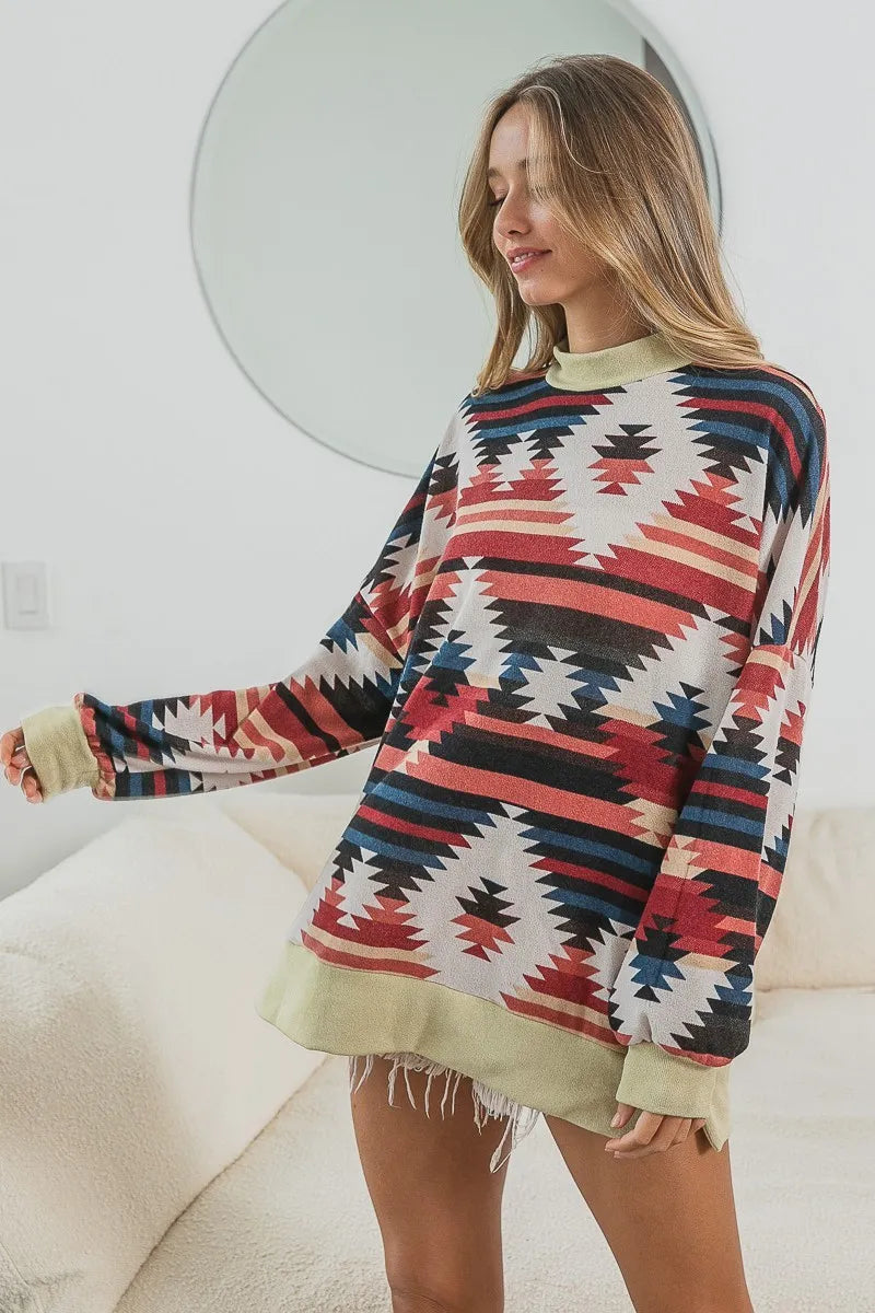 BiBi Aztec Print Mirr Mock Neck Lslv Top