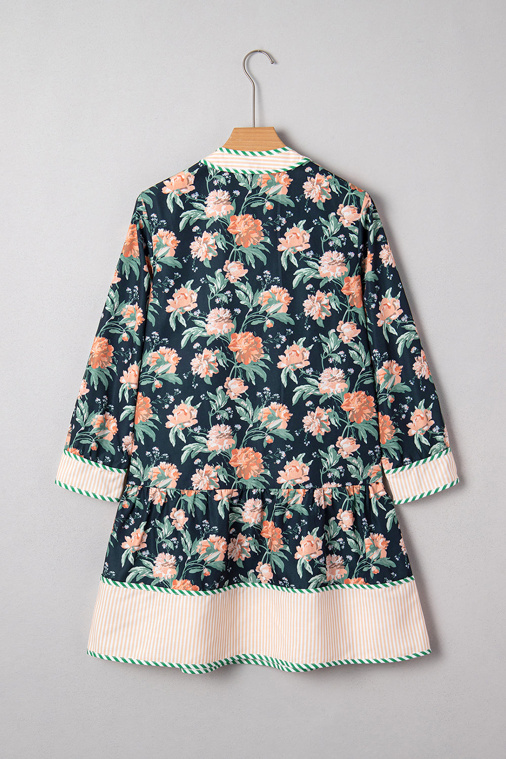 Floral Stripe Trim V-Neck Ruffle Hem Mini Dress