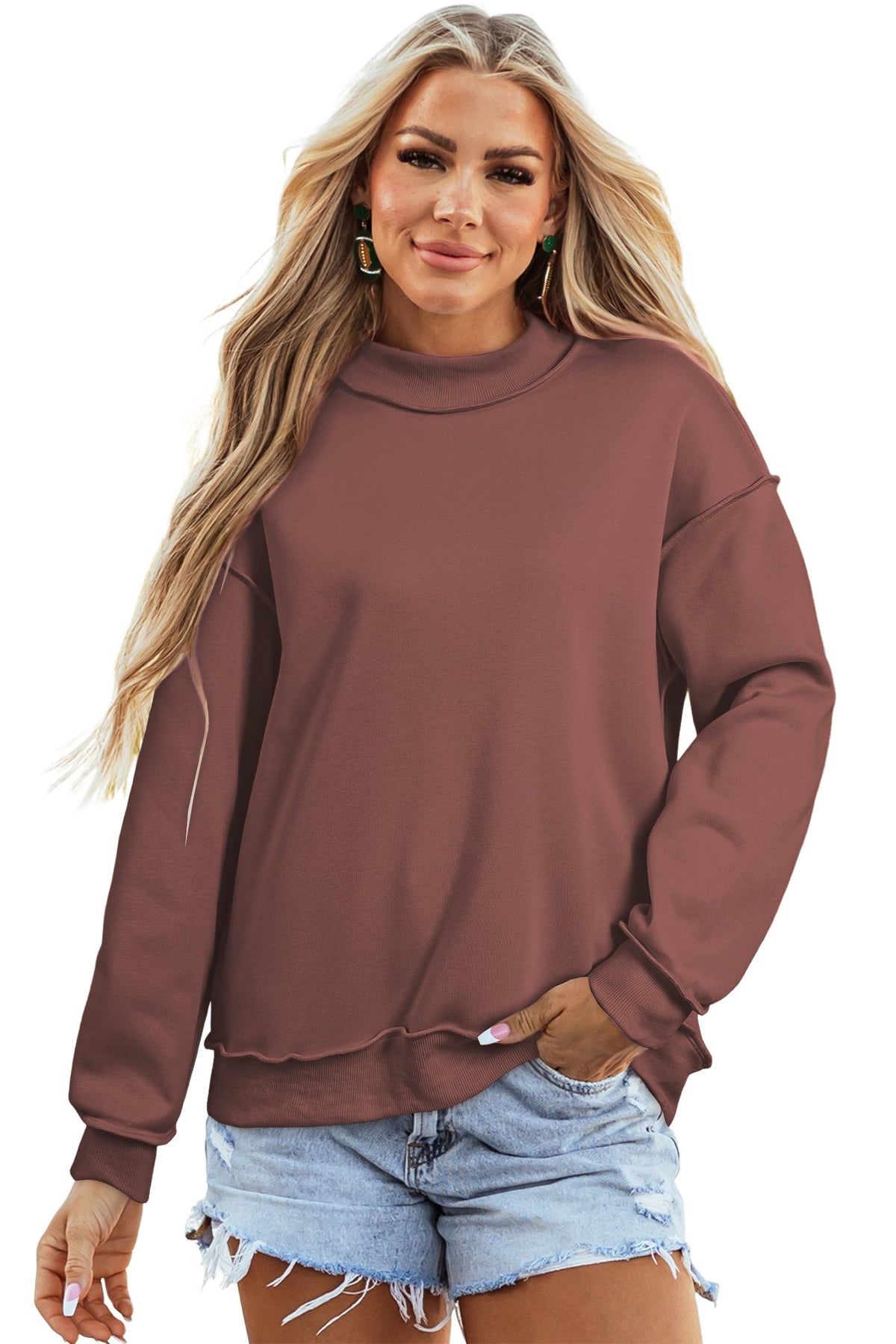 Light Pink Oversize Drop Shoulder Reversible Mock Neck Sweatshirt