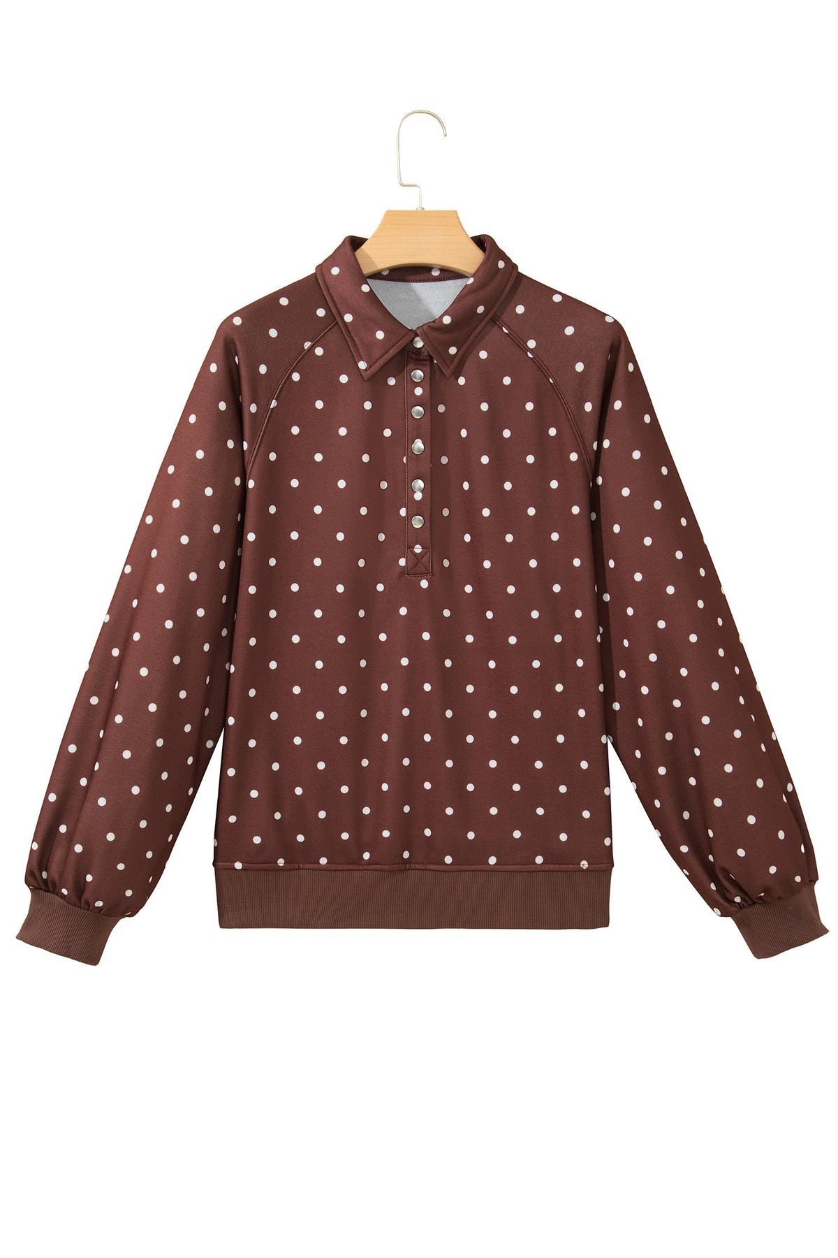 Pink Polka Dot Print Metal Button Collar Casual Pullover Sweatshirt