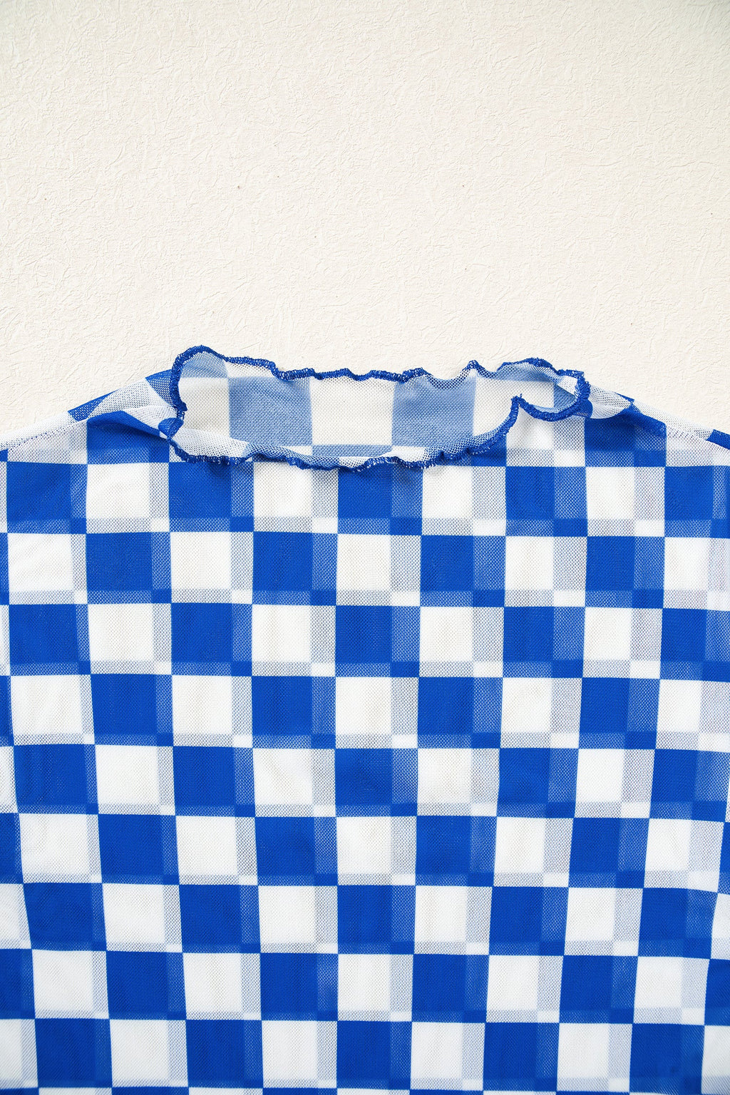 Dark Blue Plaid Mesh Sheer Long Sleeve Top