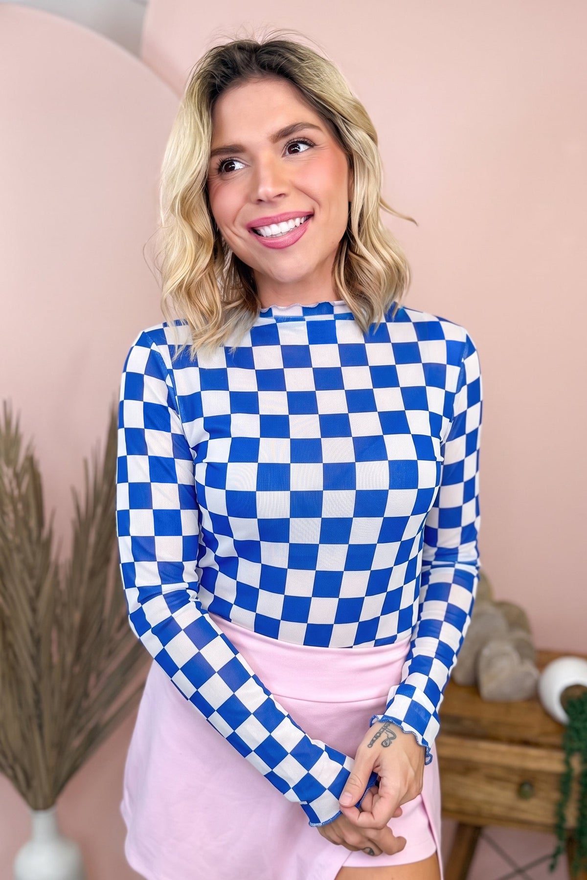 Dark Blue Plaid Mesh Sheer Long Sleeve Top
