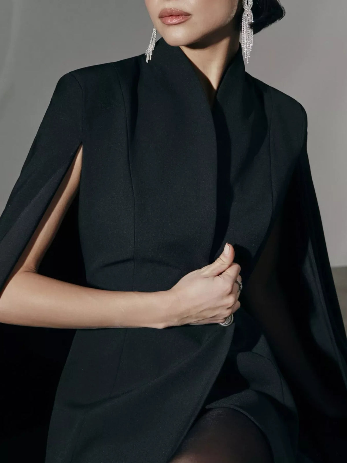 One Button Fitted Mini Blazer Dress with Cape Sleeves