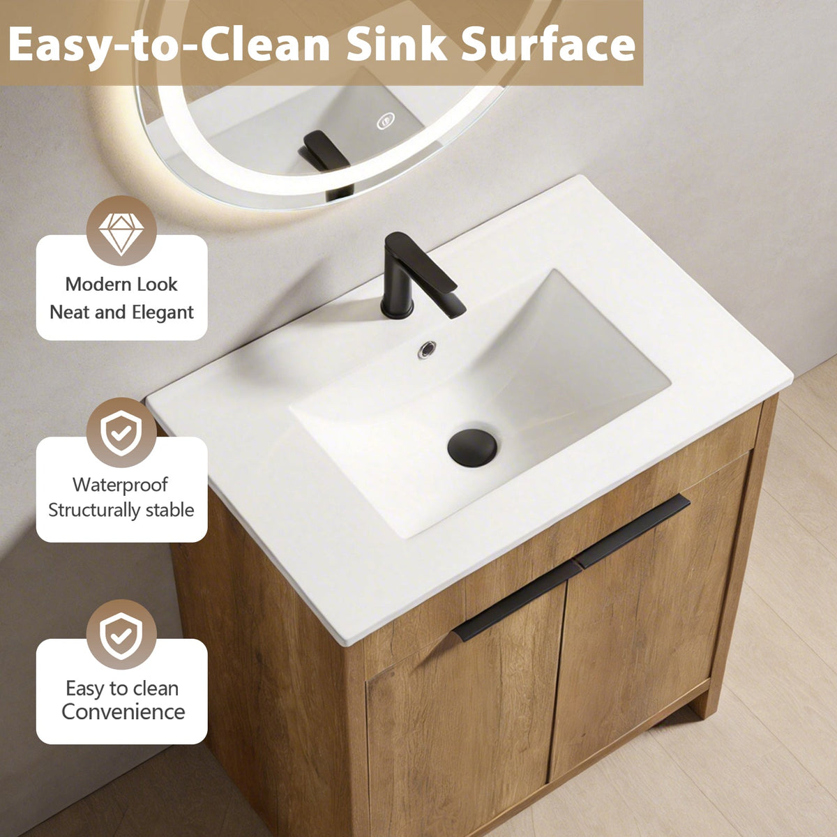 30-Inch Floor-Standing Bathroom Vanity with 3D Grooved Panel and Integrated Ceramic Sink