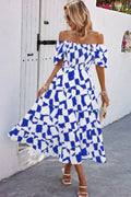 Allover Print Off Shoulder Ruched Ruffle Dress