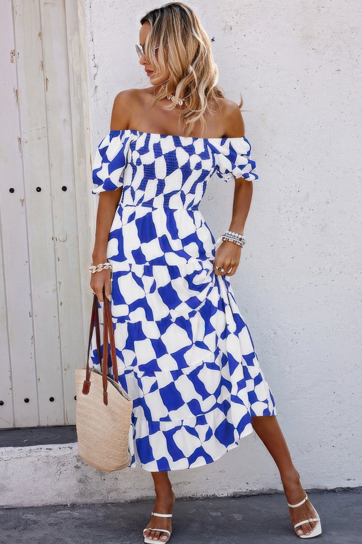 Allover Print Off Shoulder Ruched Ruffle Dress