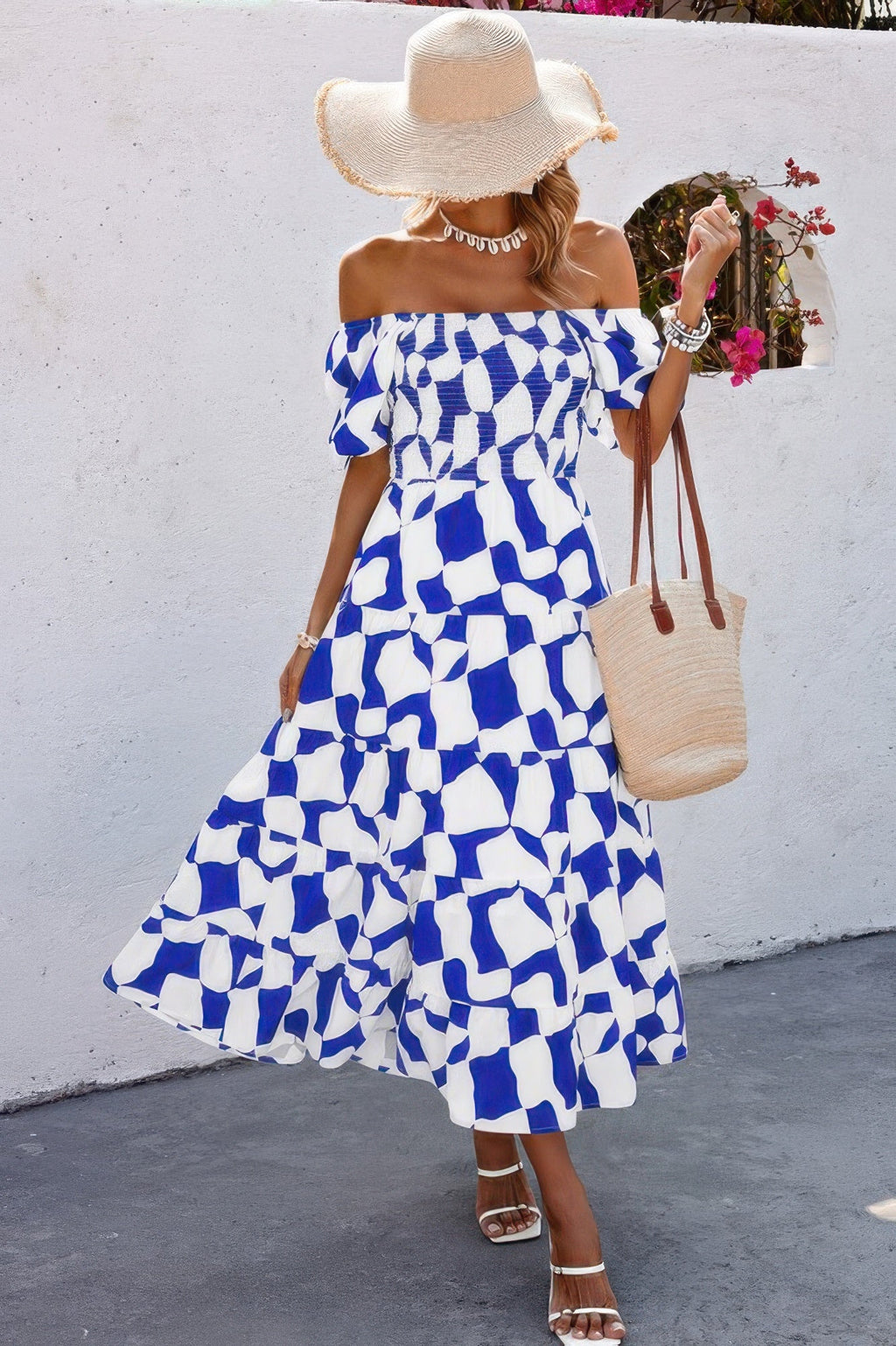 Allover Print Off Shoulder Ruched Ruffle Dress