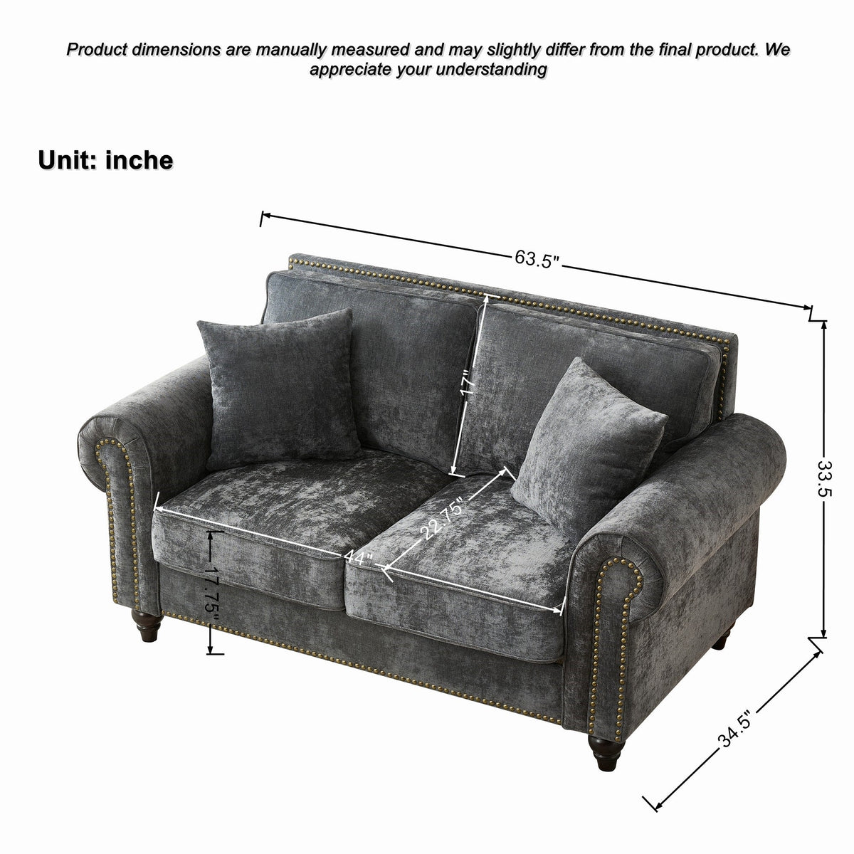 63" Modern 2-Seater Sofa with Rolled Arms