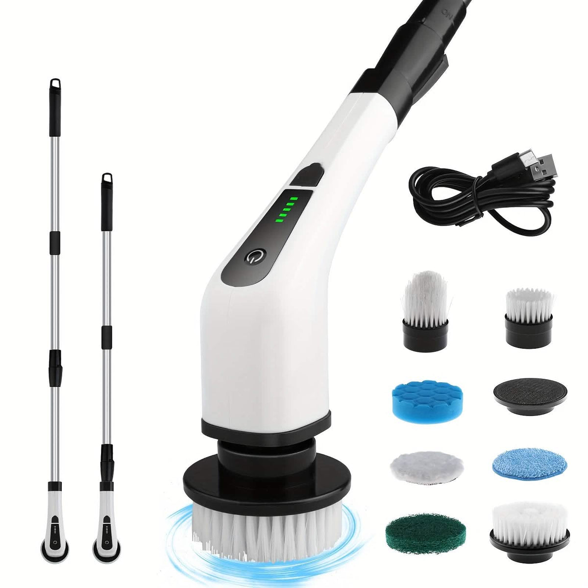 Electric Rotary Scrubber with Replaceable 8 Brush Heads and Adjustable Extension Handle