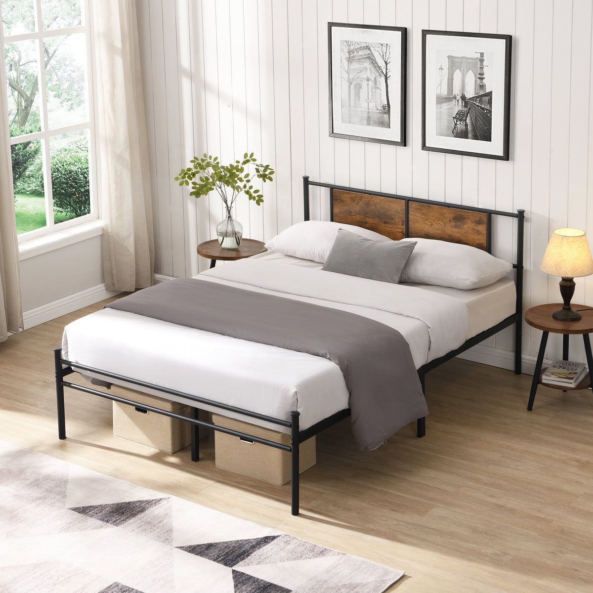 California King Bed Frame with Wood Panel Decoration