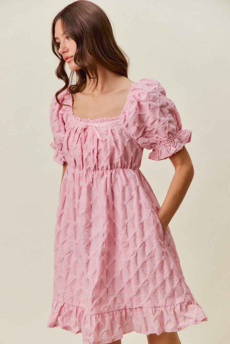 Pink Texture Woven Ruching On Bust Mini Dress by So Me