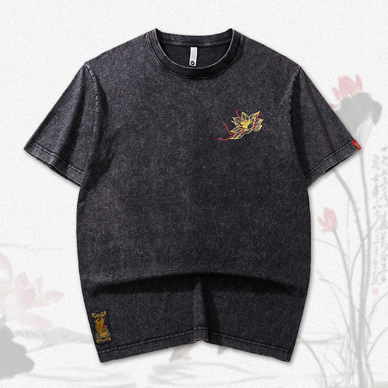 Boys Short Sleeve Couple T-shirt Summer Embroidered Lotus