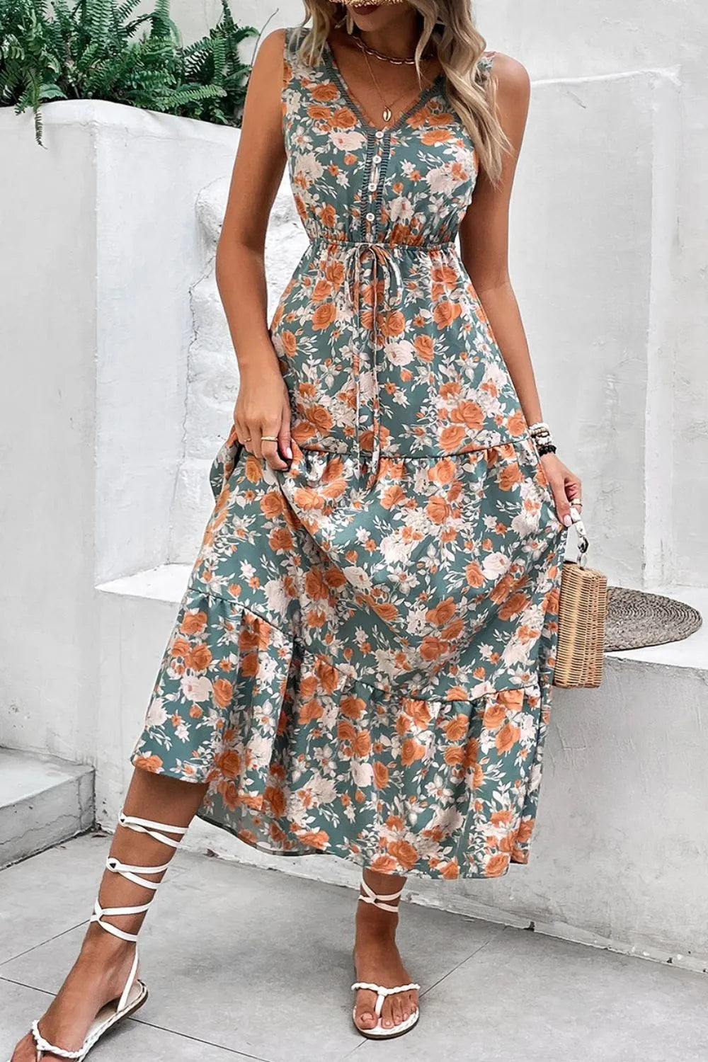 Floral Print Trimmed V Neck Tie Waist Sleeveless Dress