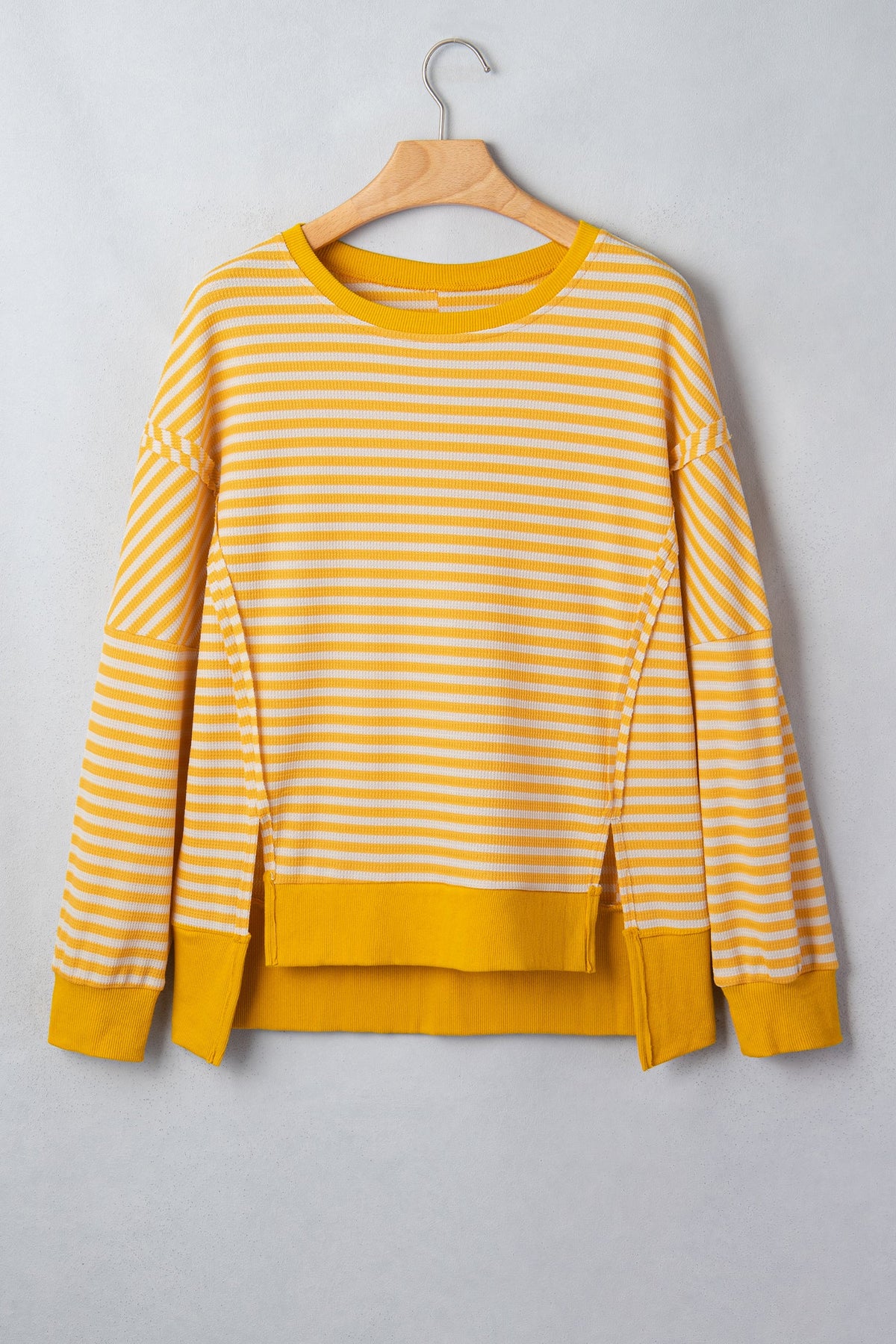 Pink Stripe Textured Knit Color Block Trim Split Hem Long Sleeve Top