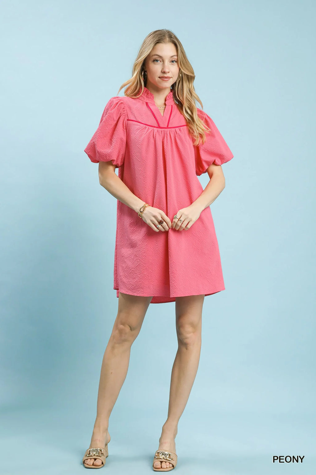 Peony Pink Seersucker Puff Sleeve Dress with Pockets by Umgee