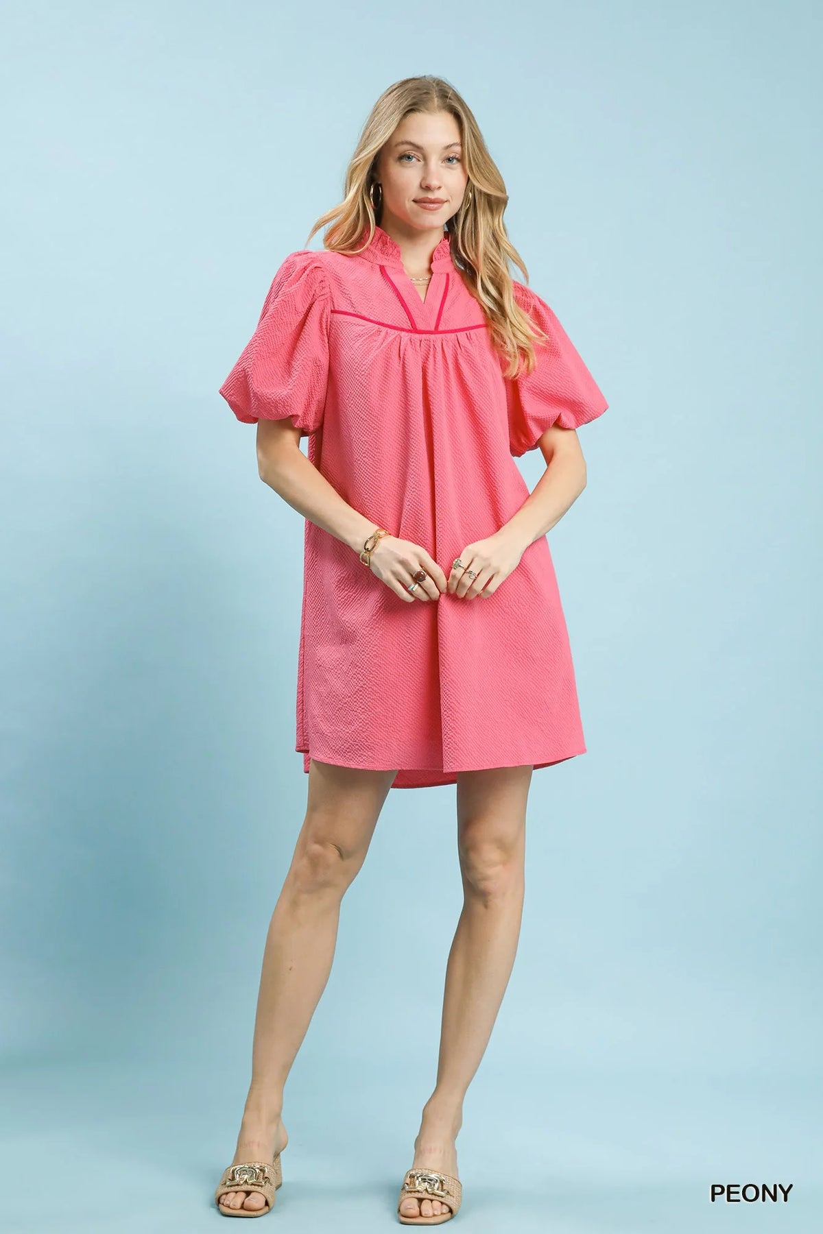 Peony Pink Seersucker Puff Sleeve Dress with Pockets by Umgee