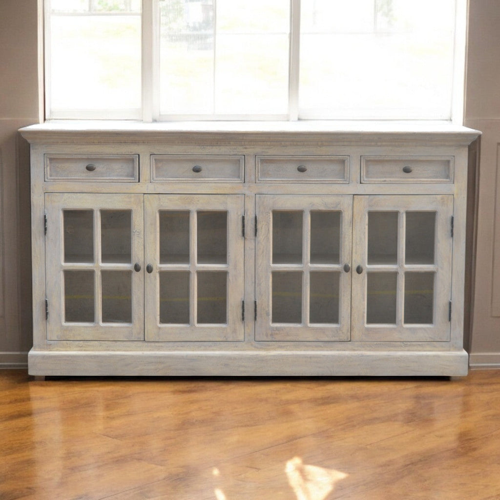 Solid Wood Stone Acid Wash Glazed Sideboard, 4 Drawers, 4 Shelves