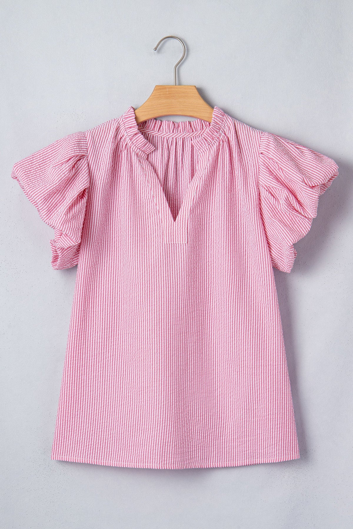 Stripe Short Bubble Sleeve Split V-Neck Blouse