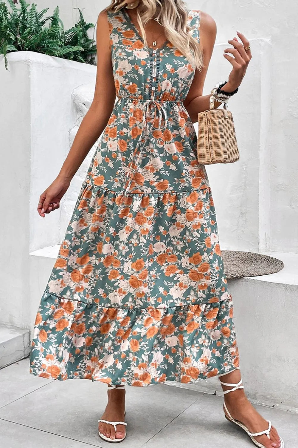 Floral Print Trimmed V Neck Tie Waist Sleeveless Dress
