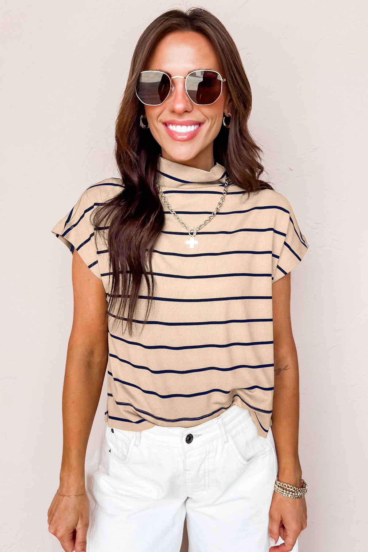 Khaki Stripe Mock Neck Short Sleeve Loose Top