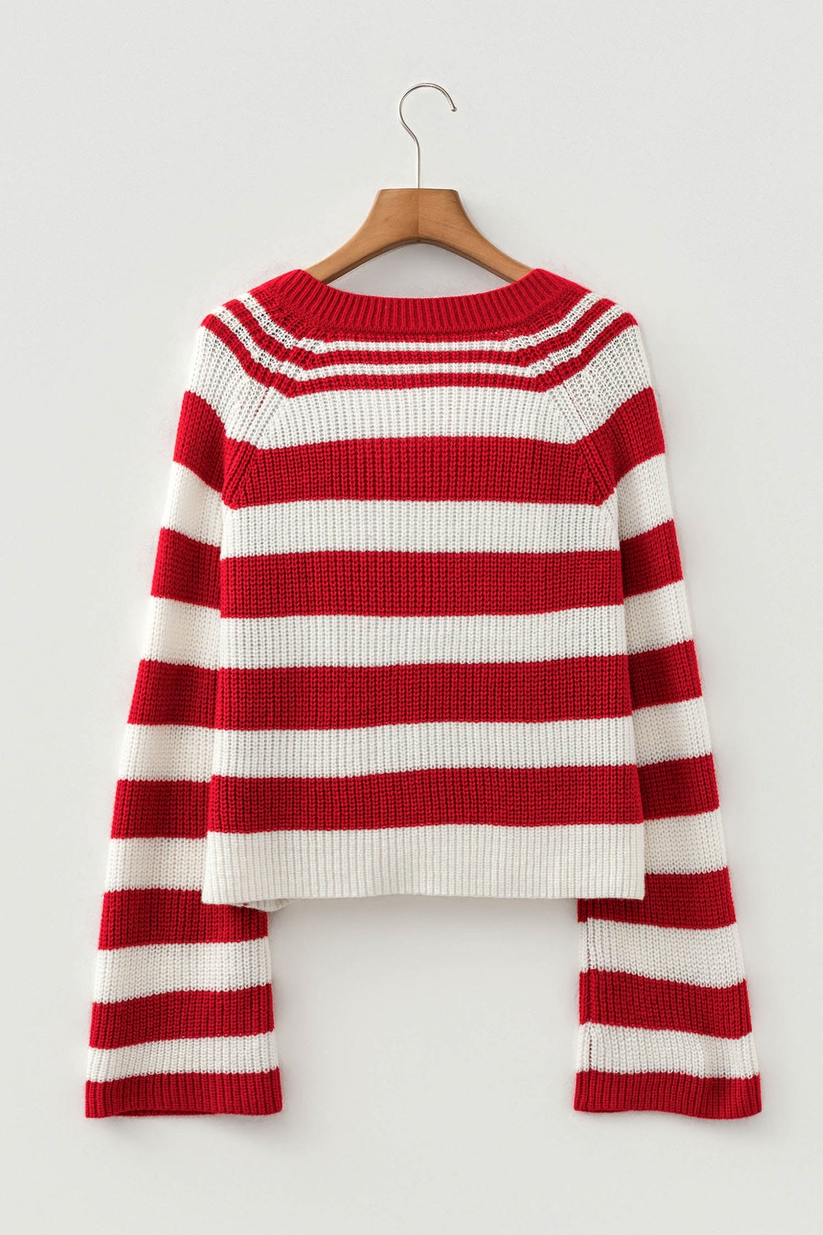 Stripe Colorblock Grommet V-Neck Bell Sleeve Sweater