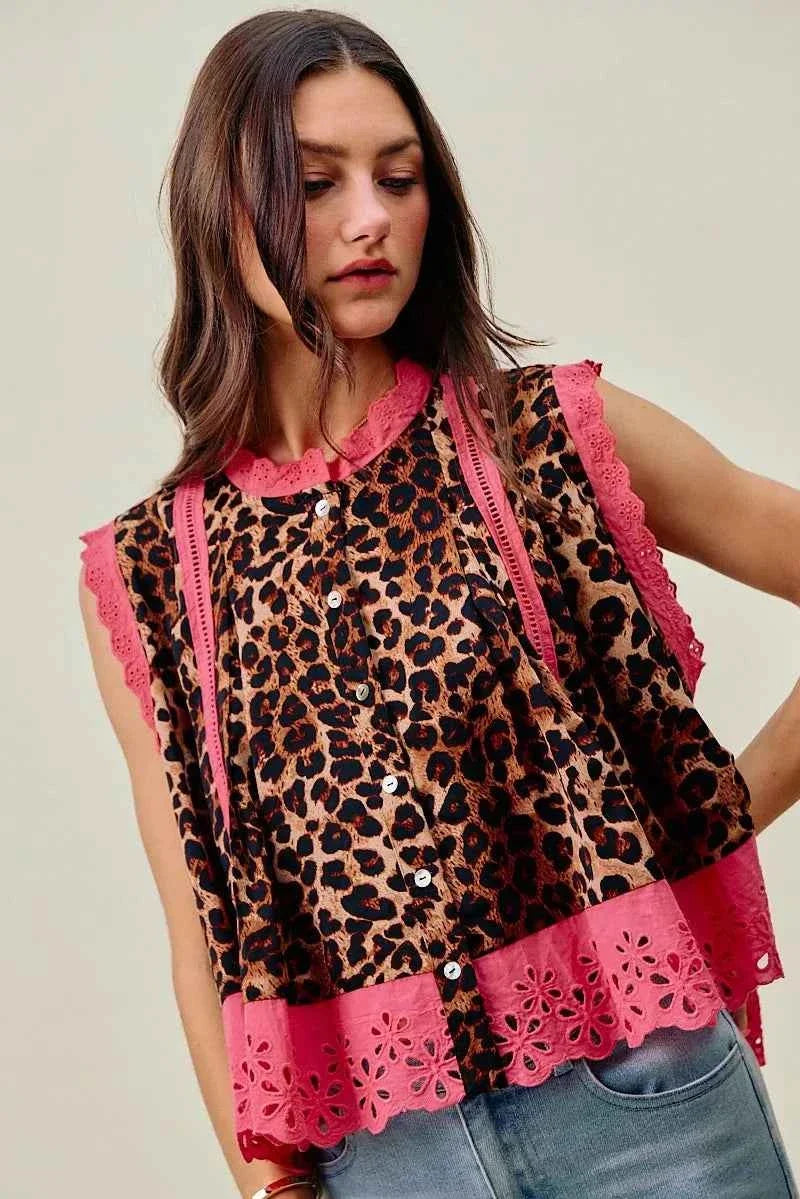 Leopard Button Up Pleated Pink Trim Sleeveless Blouse by So Me
