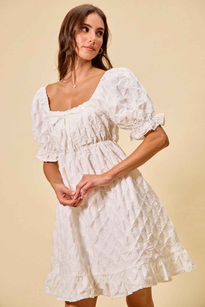 Ivory Texture Woven Ruching On Bust Mini Dress by So Me