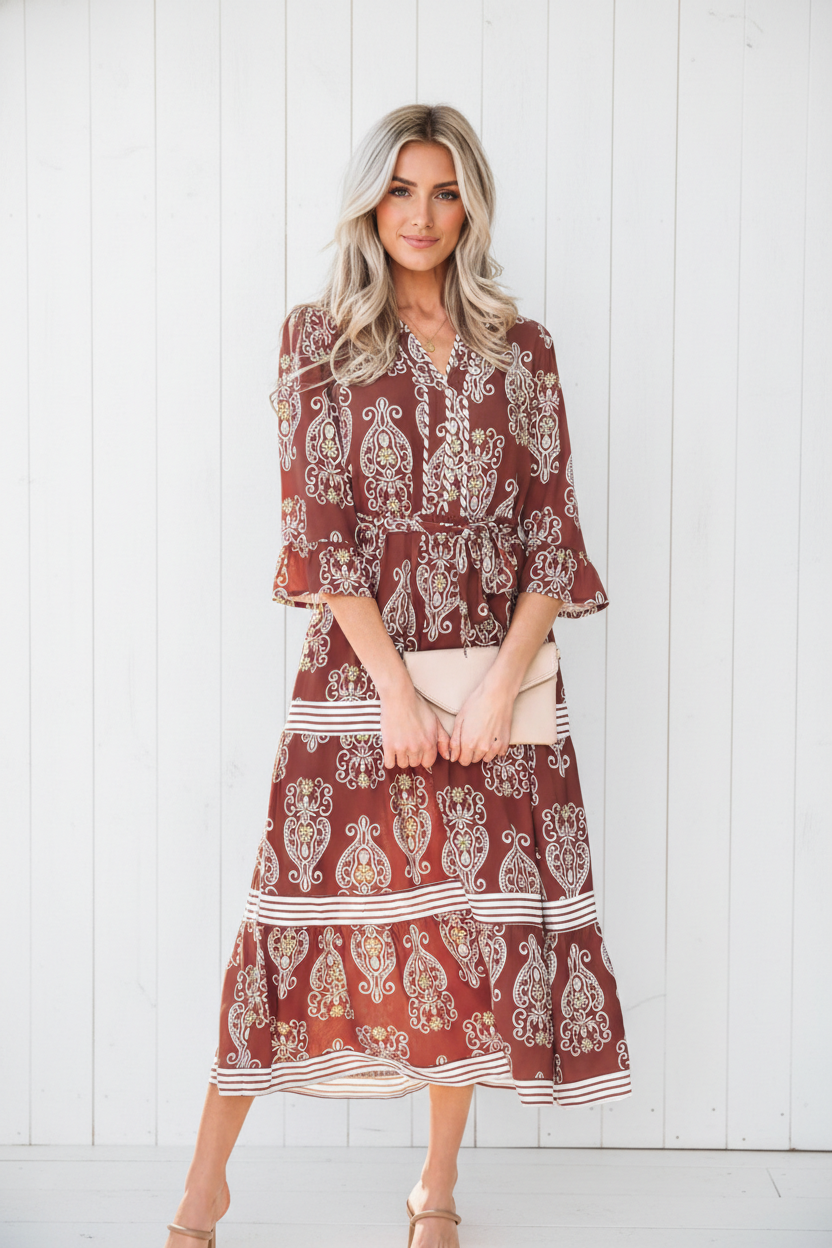 Floral Boho Belted Stripe Trim Tiered Maxi Dress