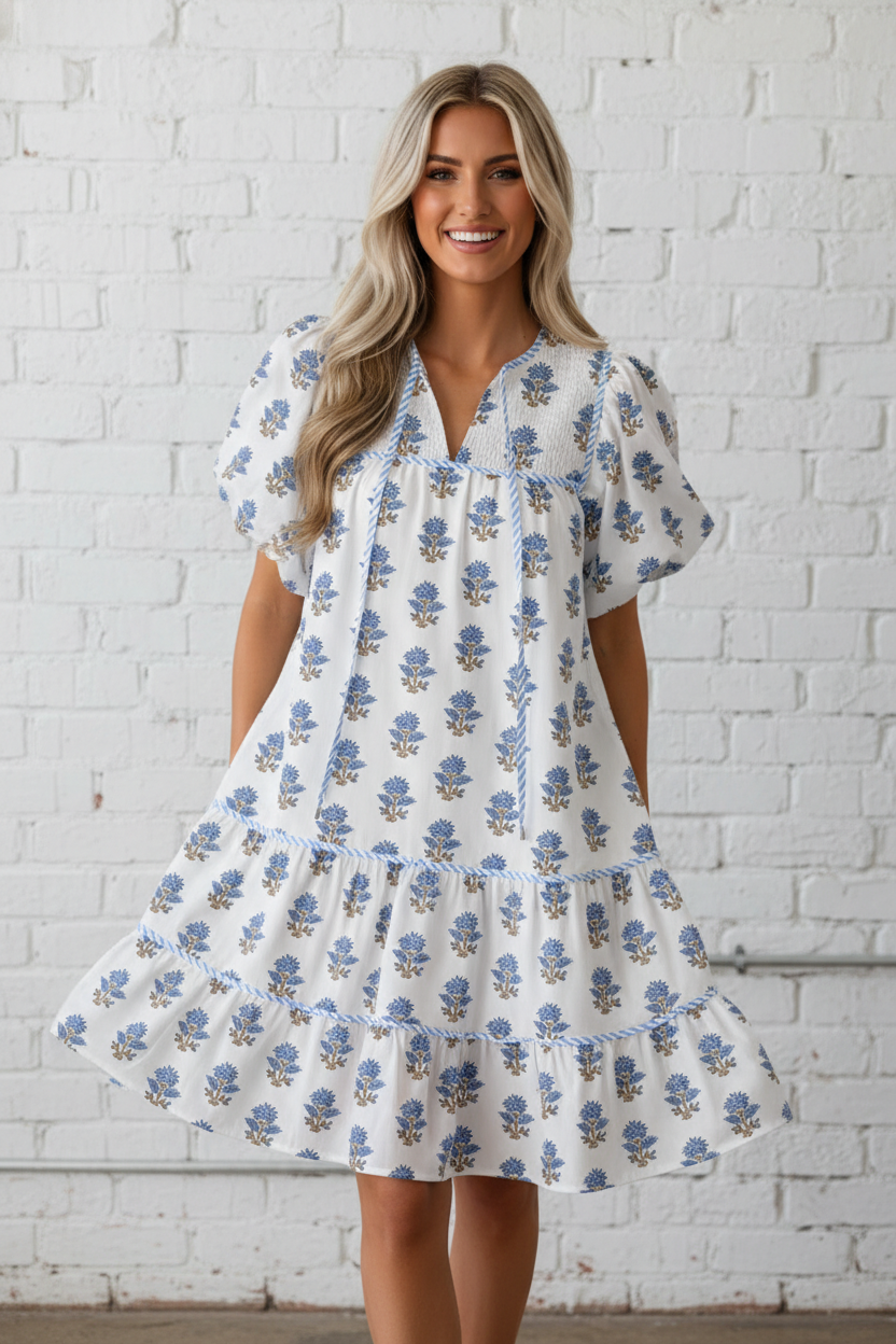 Floral Puff Sleeve Tied Neck Pocketed Mini Dress