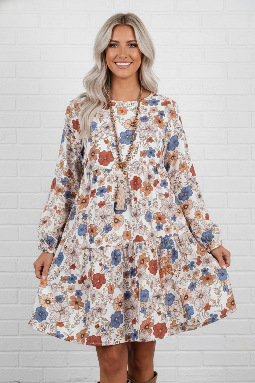 Floral Round Neck Ruffle Long Sleeve Dress