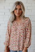 Floral Pleated Notched Neck Puff Sleeve Blouse