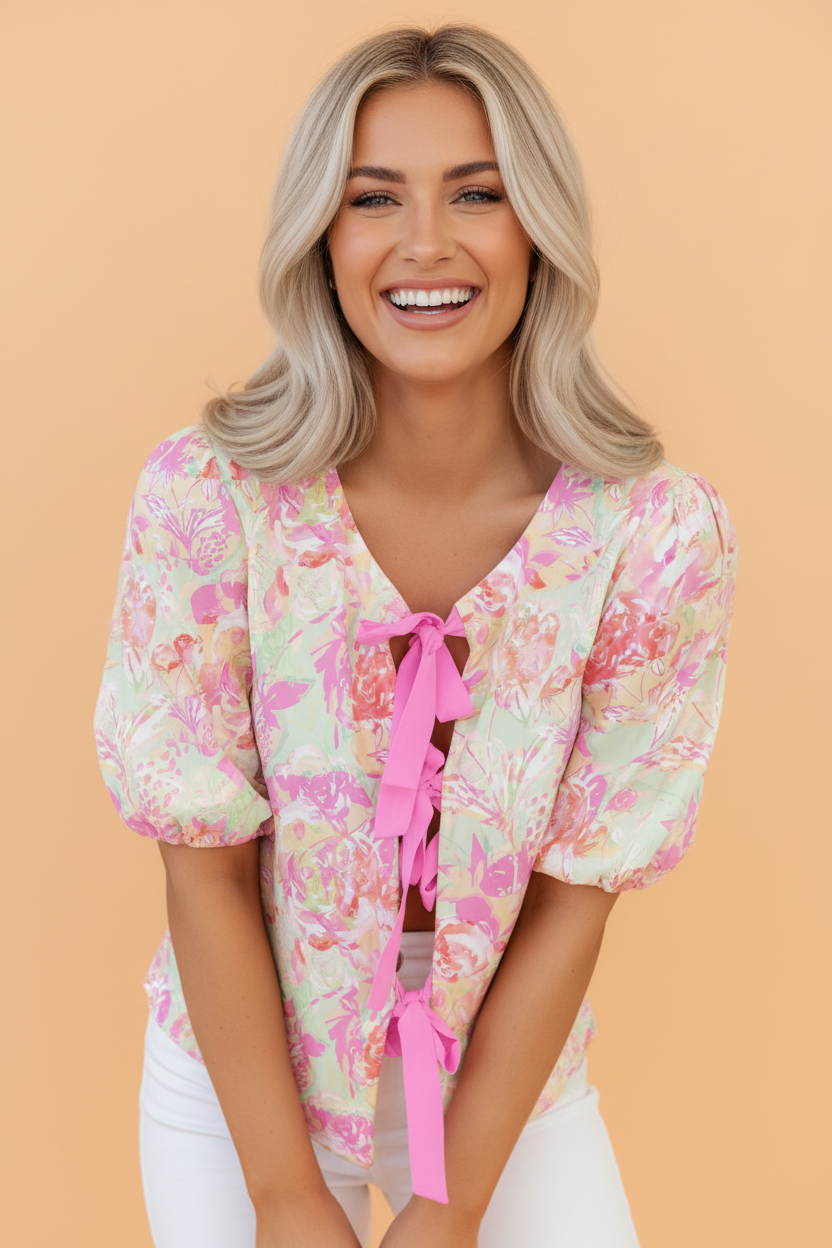 Floral Ribbon Tie Front Puff Sleeve Blouse