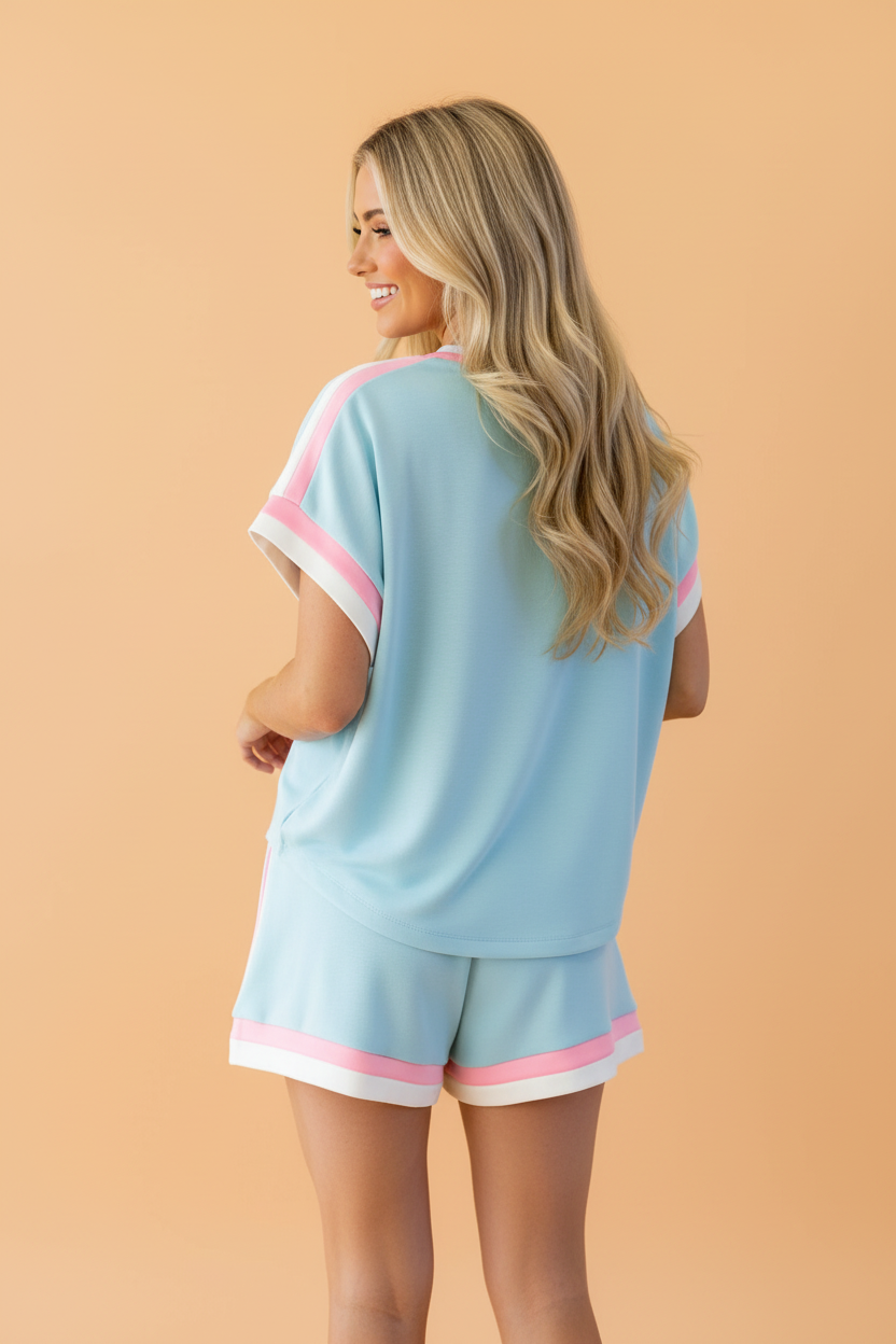 Colorblock Stripe Tee & Drawstring Shorts Set