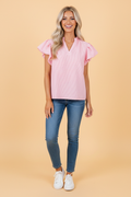 Stripe Short Bubble Sleeve Split V-Neck Blouse