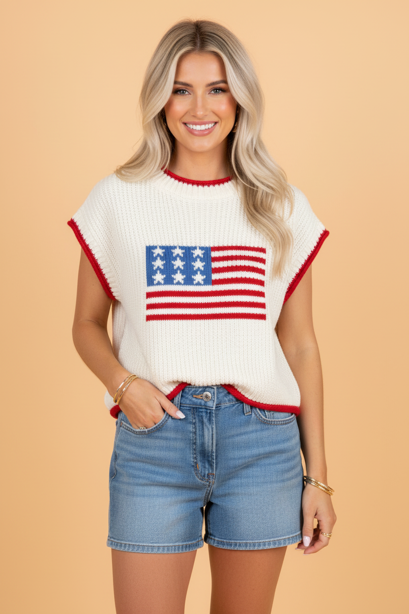 USA Flag Cropped Short Sleeve Sweater