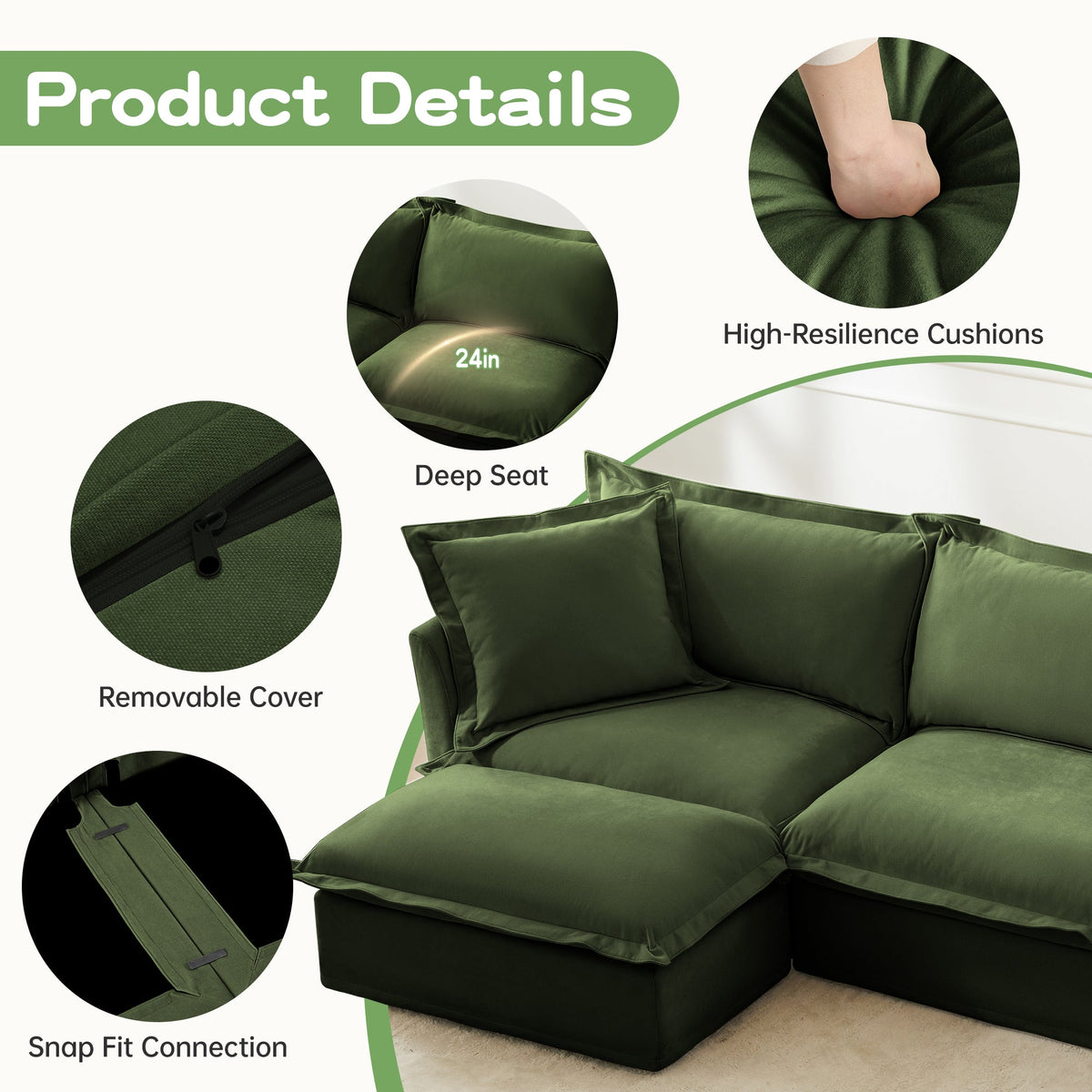 Slipcovered Sectional 2 Seater Sofa Couch with Convertible Ottoman
