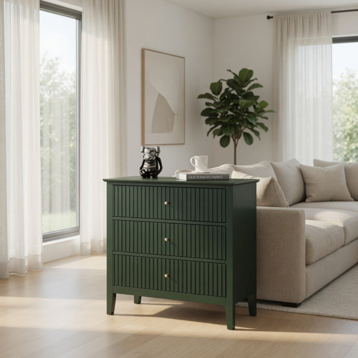 32" Wide Green Fluted 3-Drawer Nightstand