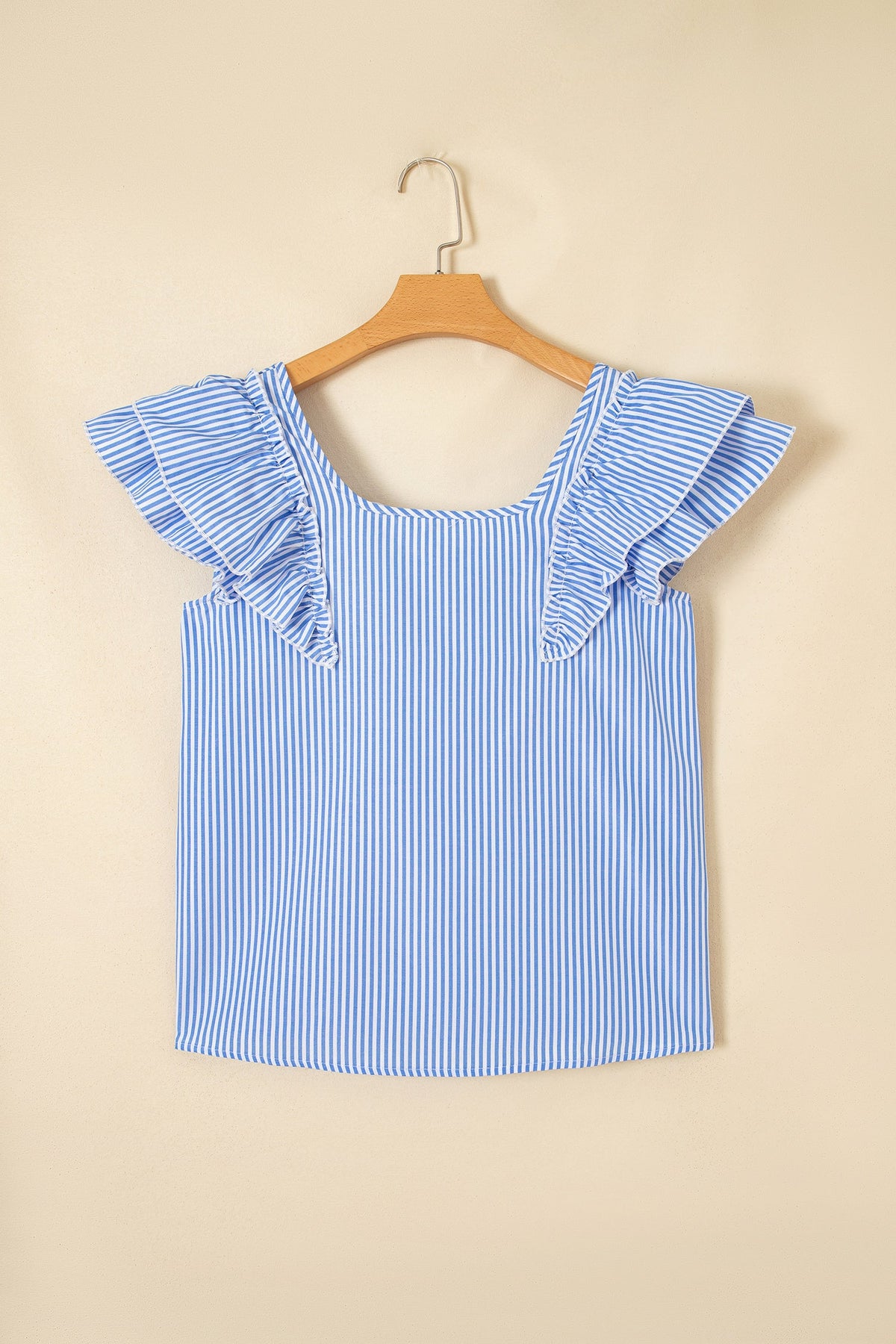 Sky Blue Stripe Square Neck Bow Decor Frilly Ruffled Short Sleeve Blouse