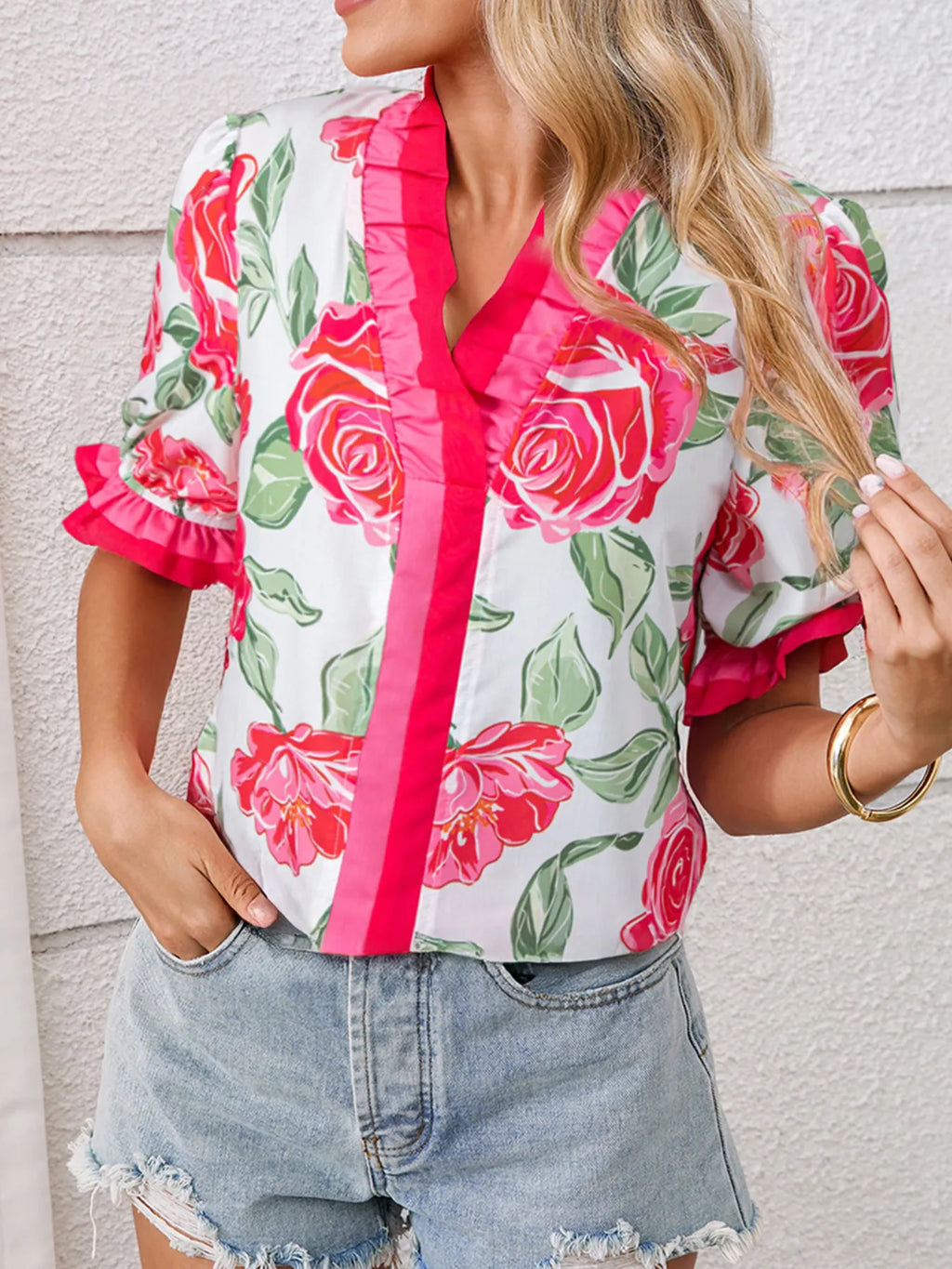 Floral Frilled V Neck Short Sleeve Blouse
