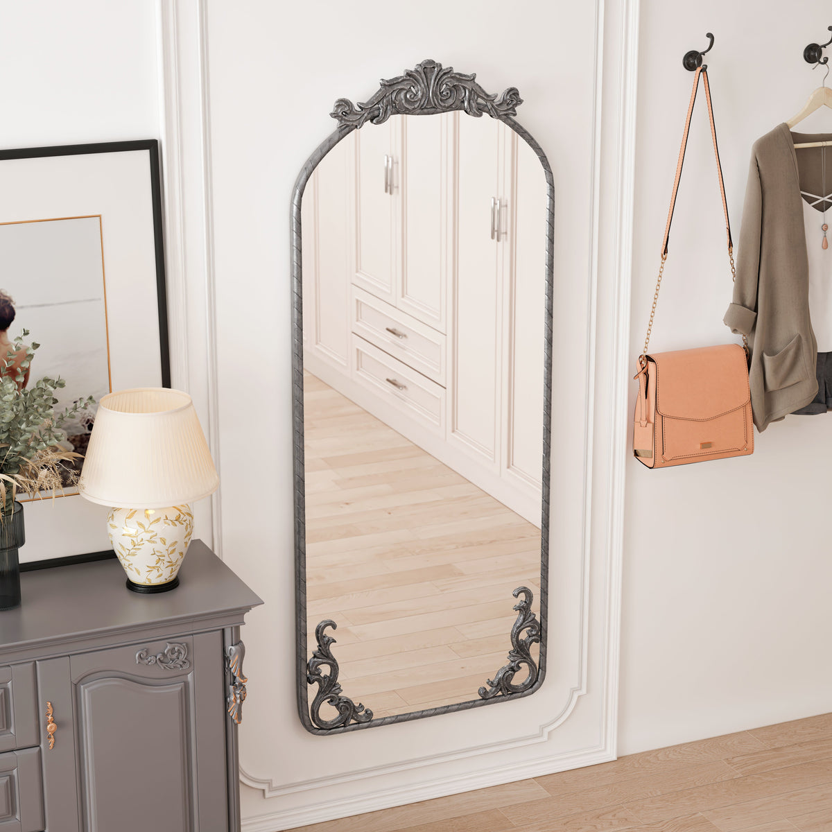 58"x24" Arched Full Body Mirror with Vintage Ornate Carving