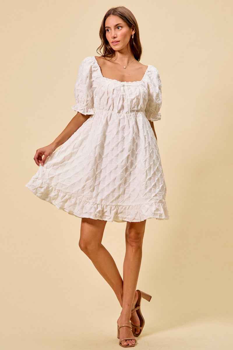Ivory Texture Woven Ruching On Bust Mini Dress by So Me