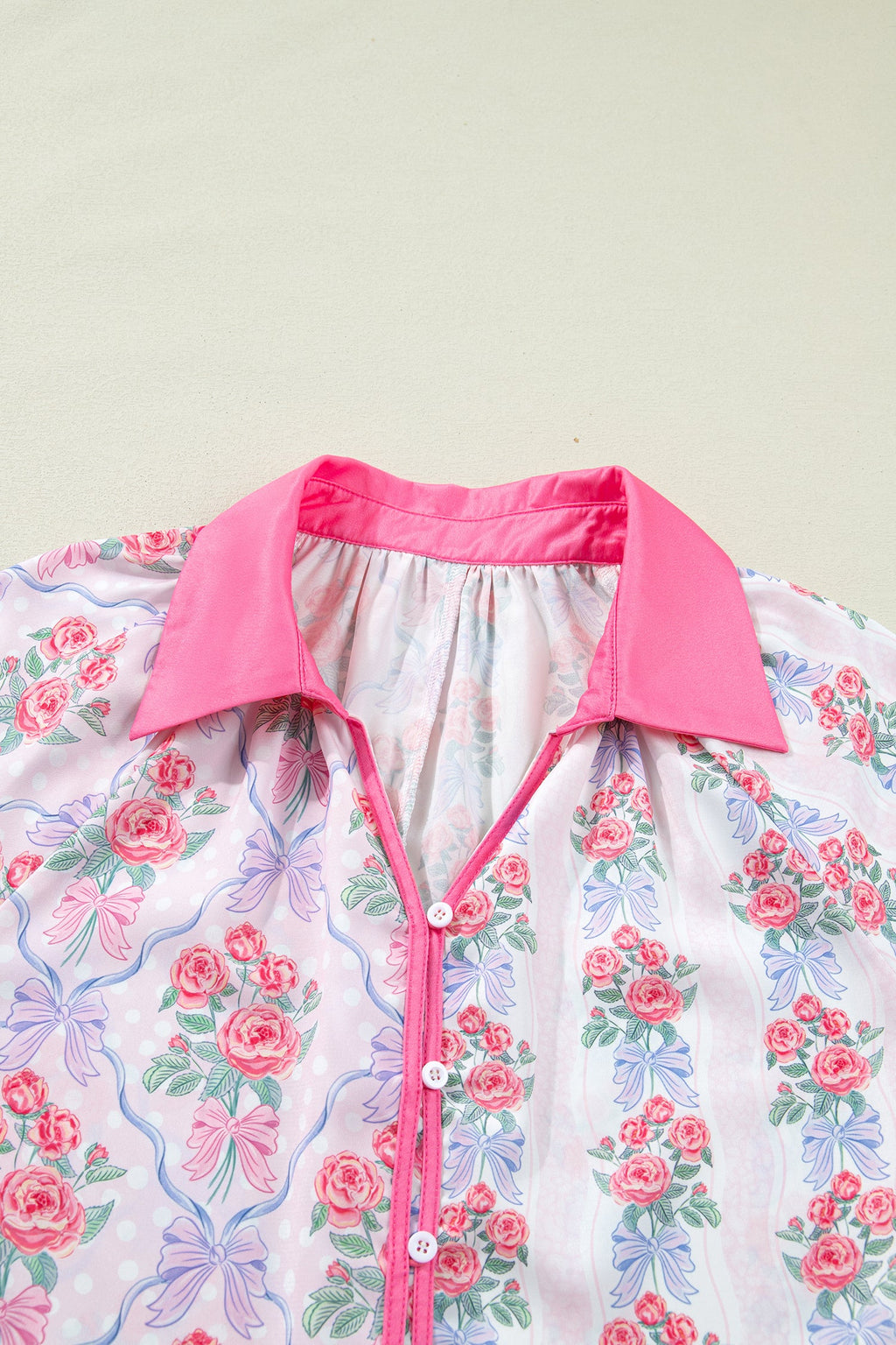 Floral Collared V-Neck Ruffle 3/4 Sleeve Shirt