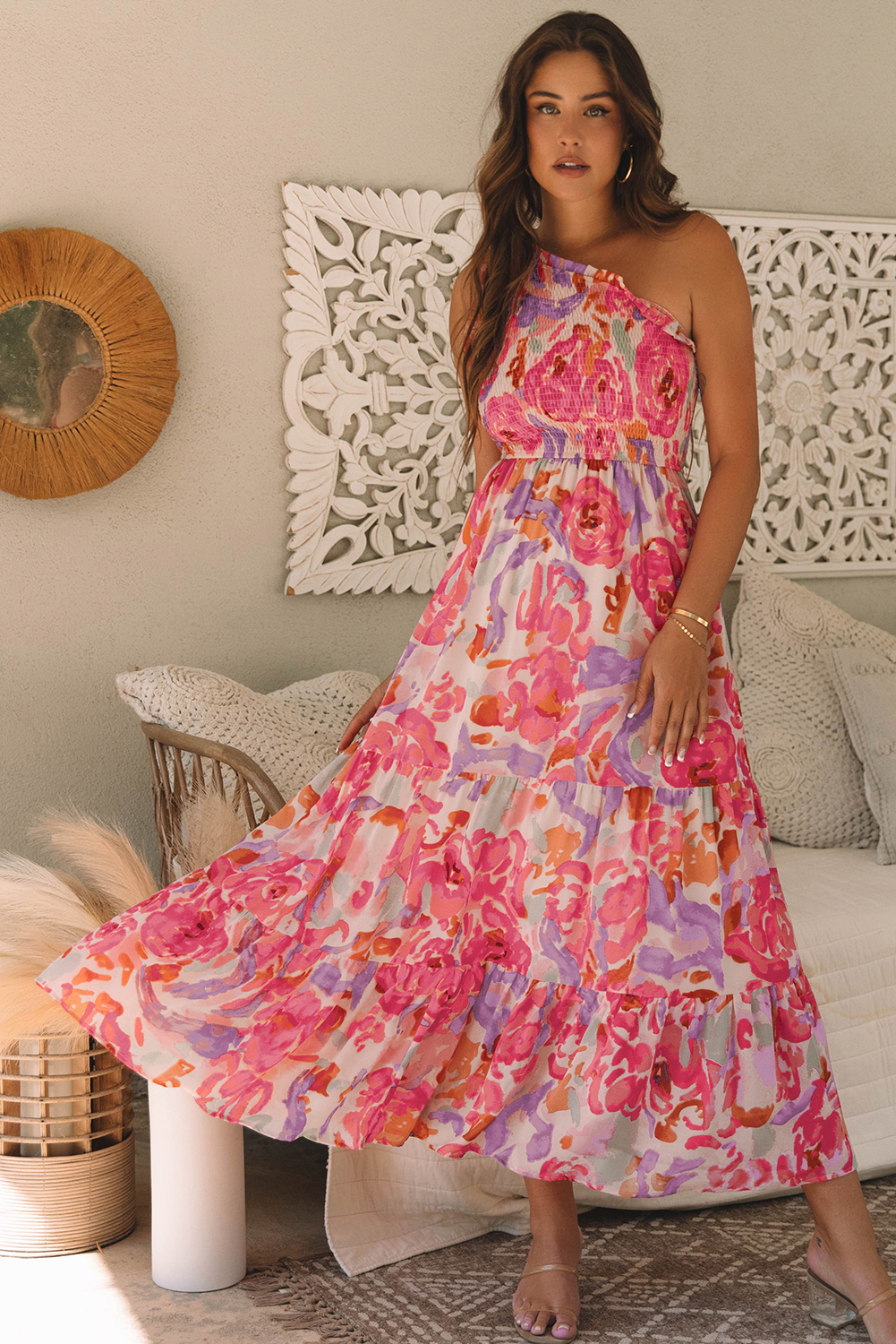Abstract Floral One-Shoulder Shirred Maxi Dress