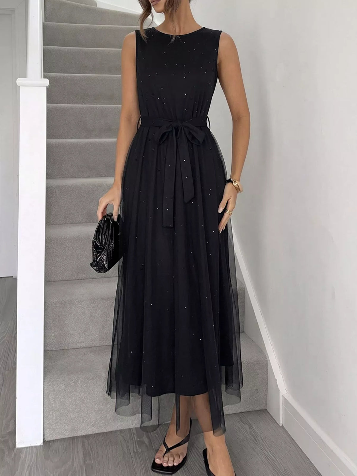 Glitter Sleeveless Tulle Midi Dress