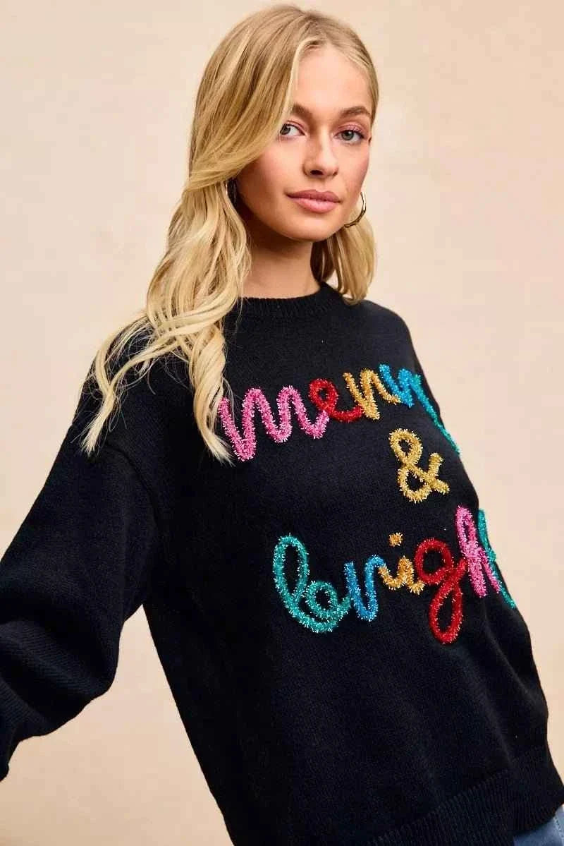 Black Tinsel Lettering Christmas Sweater