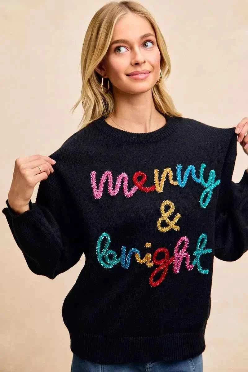 Black Tinsel Lettering Christmas Sweater