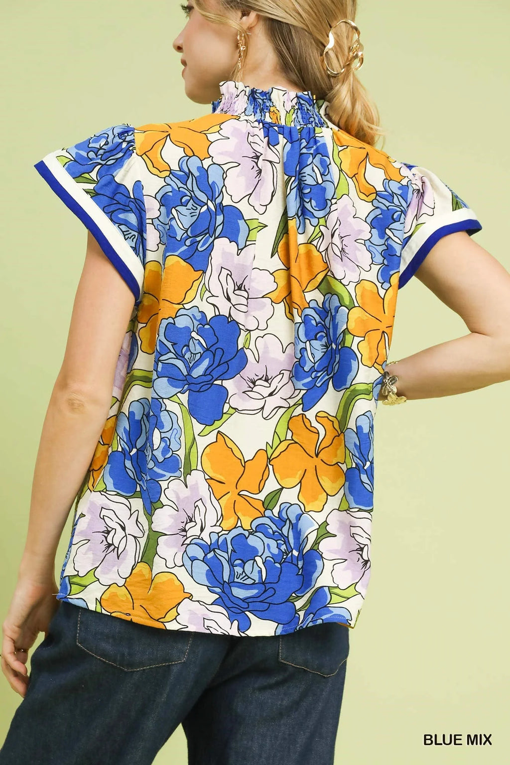 Blue Mix Floral Print Blouse with Contrast Trim by Umgee